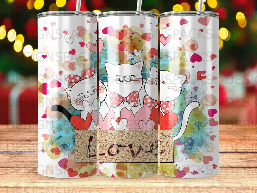 Three cute cats wearing bows and hearts with "Love" text.