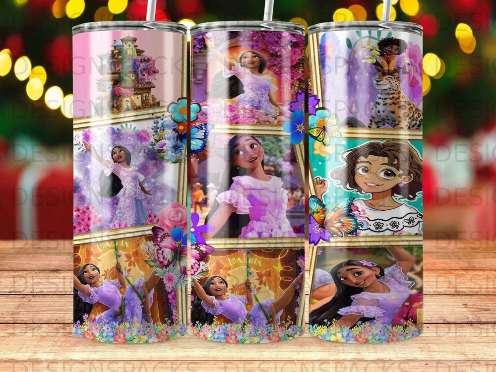 Collage of Isabella from Encanto dancing, framed by butterflies and floral designs.