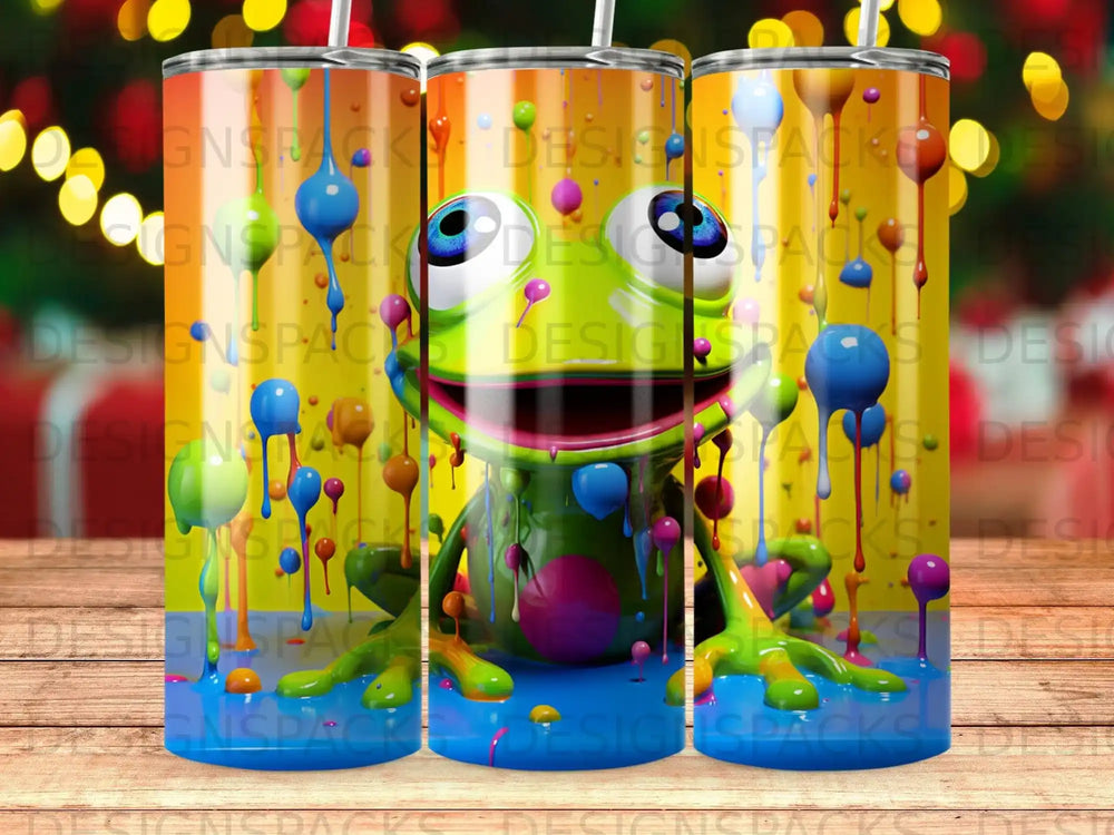 Green frog with colorful spots on a tumbler, dripping with paint.