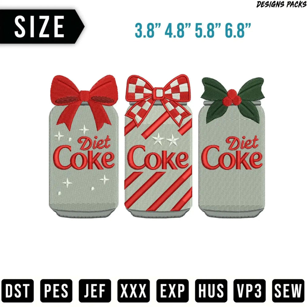 Embroidery designs for Diet Coke cans with festive bows and holiday elements.