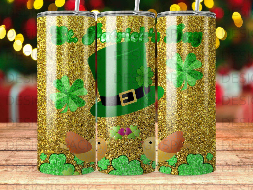 St. Patrick's Day tumbler with shamrocks, a green hat, and glitter.