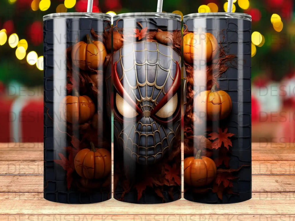 Spiderman mask with pumpkins and autumn leaves on black background.