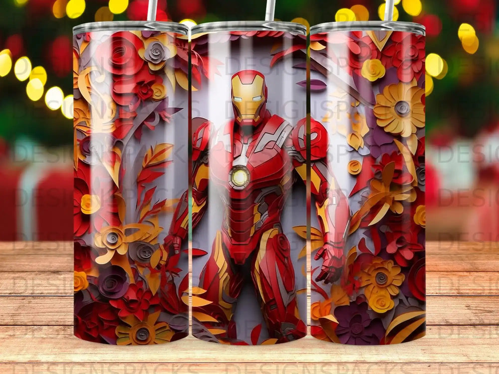 Iron Man in floral art design on a tumbler wrap.