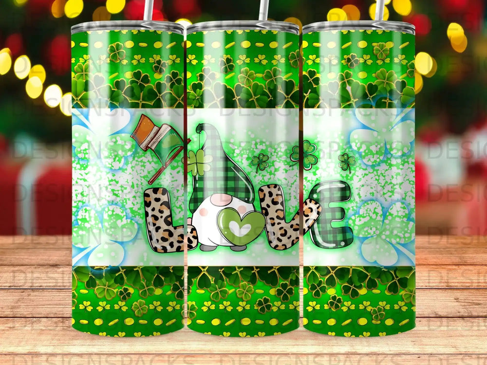 Gnome with shamrocks and green plaid "LOVE" on a patterned tumbler.