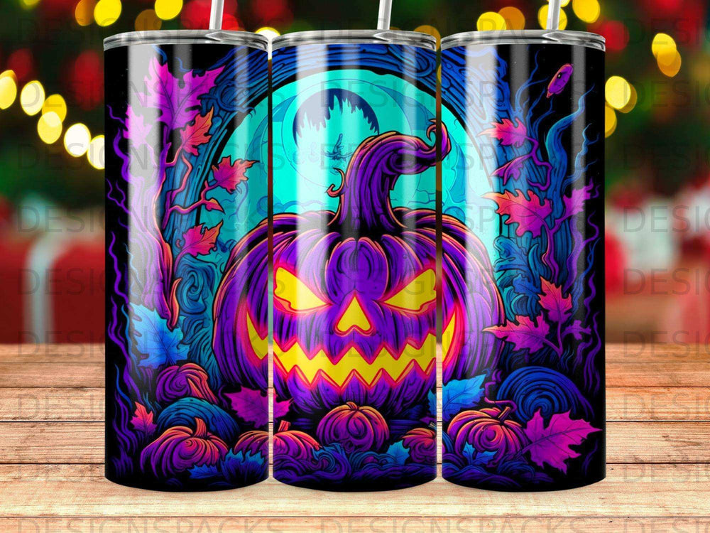 Spooky jack-o'-lantern with glowing eyes surrounded by pumpkins and dark blue foliage.