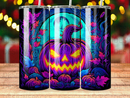 Spooky jack-o'-lantern with glowing eyes surrounded by pumpkins and dark blue foliage.