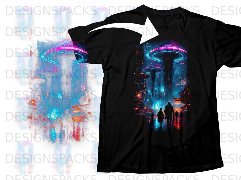 Black t-shirt with a futuristic city design featuring glowing towers and figures.