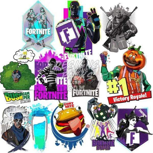 Fortnite game character designs, print-ready PNG bundles for DTG, DTF, embroidery, tumbler wraps