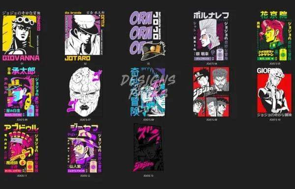 JoJo's Bizarre Adventure anime character designs for DTF/DTG and embroidery, print-ready PNG/SVG