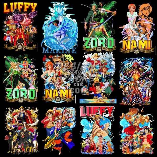 One Piece anime character designs for DTF/DTG printing, featuring Luffy, Zoro, Nami, and Marine themes