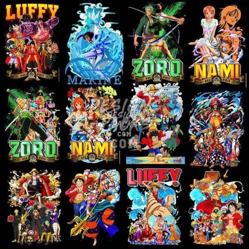 One Piece anime character designs for DTF/DTG printing, featuring Luffy, Zoro, Nami, and Marine themes
