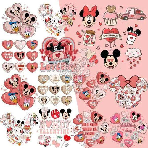 Valentine's Day Mickey and Minnie Mouse designs with hearts, cupcakes, and love quotes for DTF, DTG, embroidery
