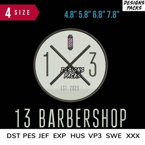 Barbershop design with crossed razors, barber pole, and '13' text, available in multiple sizes and formats