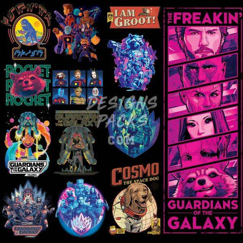 Guardians of the Galaxy DTF/DTG designs bundle with Rocket, Groot, Cosmo & movie characters for print-ready PNG, SVG, PES