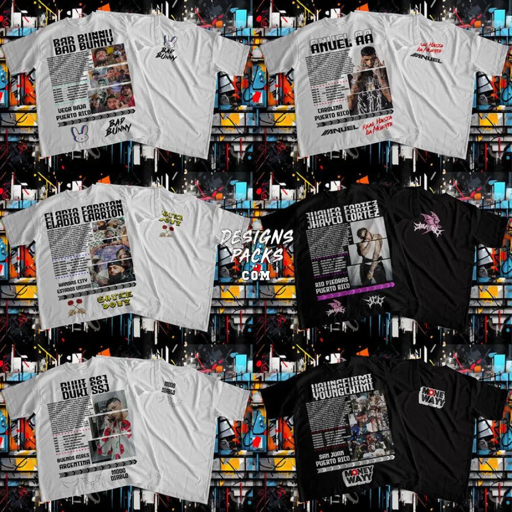 13 Music Stars Latino Street Wear Dual Sides Designs Bundle Png + Psd