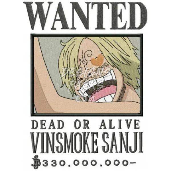 Wanted poster embroidery design of Vinsmoke Sanji, dead or alive, $330M reward, anime style