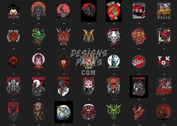 Print-ready DTF/DTG designs with Japanese demons, skulls, and Tokyo themes for t-shirts and apparel
