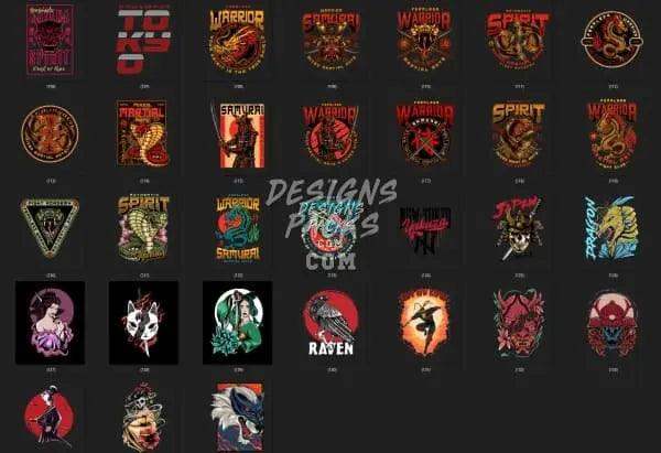 Print-ready DTF/DTG designs featuring warrior, samurai, dragon, raven & spirit themes for t-shirts & tumblers