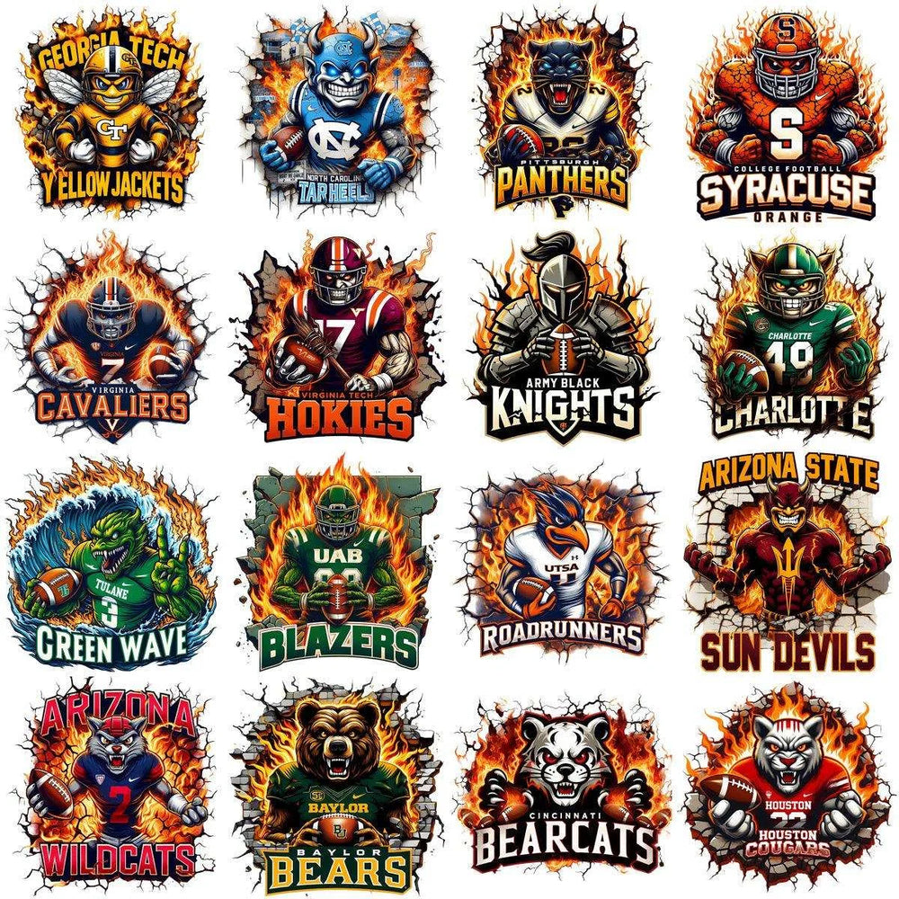 130 College Football NCAA Teams Mascots on Fire Designs Bundle PNG