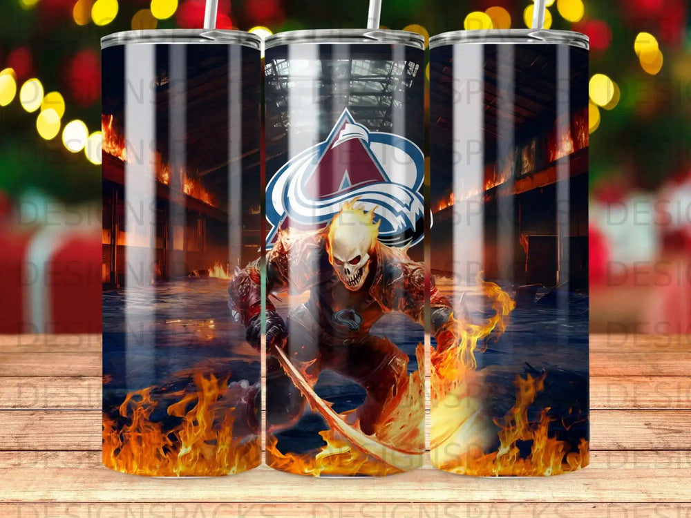 Colorado Avalanche flaming skull warrior with scythe on a tumbler.