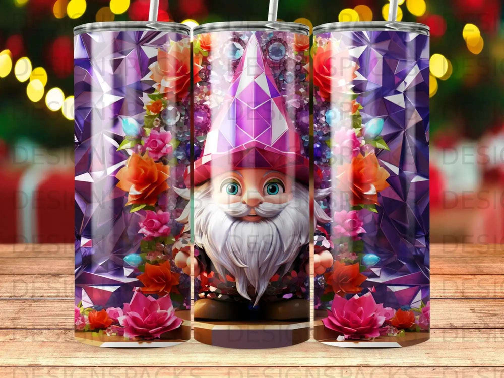 Gnome with pink hat and flowers on a patterned background.