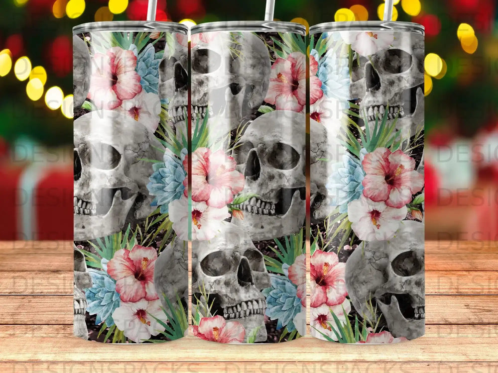 Skulls and hibiscus flowers pattern on a tumbler.