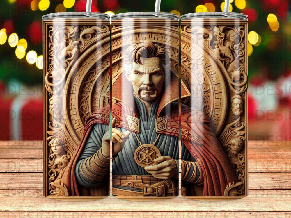 Doctor Strange character art with ornate framing on a tumbler.