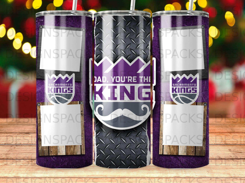 Sacramento Kings dad tumbler with purple and metallic diamond plate pattern.