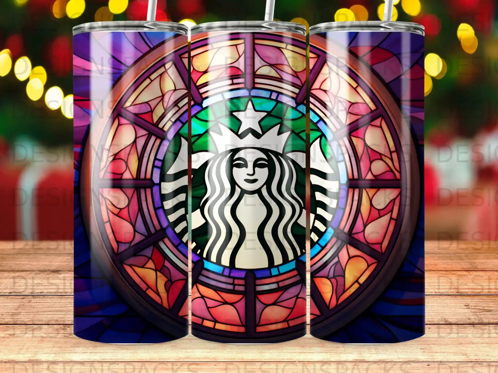 Starbucks logo within a stained glass window pattern.