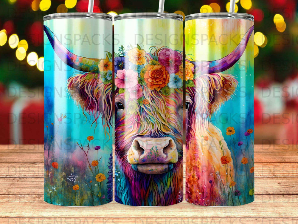 Highland cow with floral crown, colorful watercolor background.