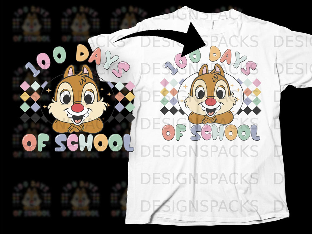 Chipmunk graphic with "100 Days of School" text on a white t-shirt.