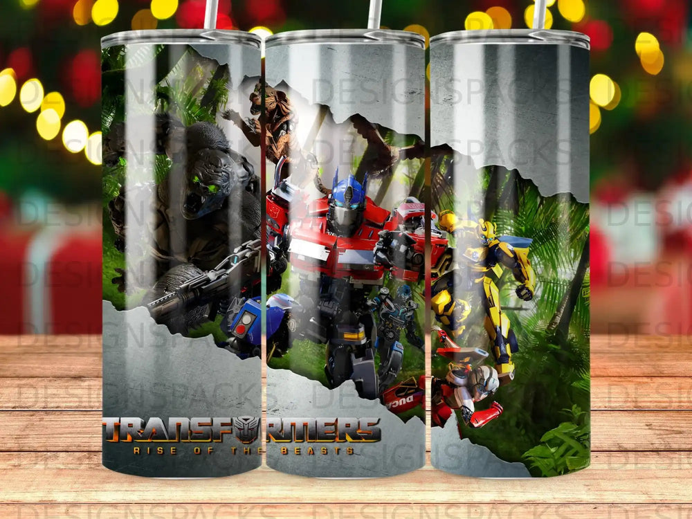 Transformers Rise of the Beasts characters Optimus Prime and Bumblebee fight in jungle.
