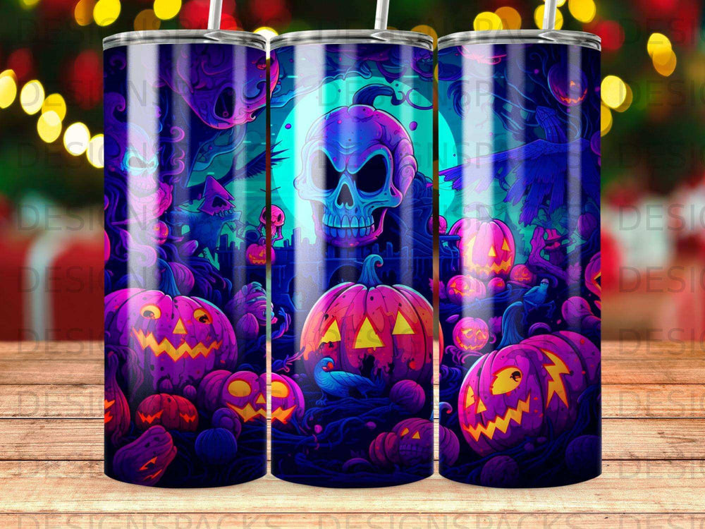 Halloween scene with glowing pumpkins, a skull, and spooky creatures under a full moon.