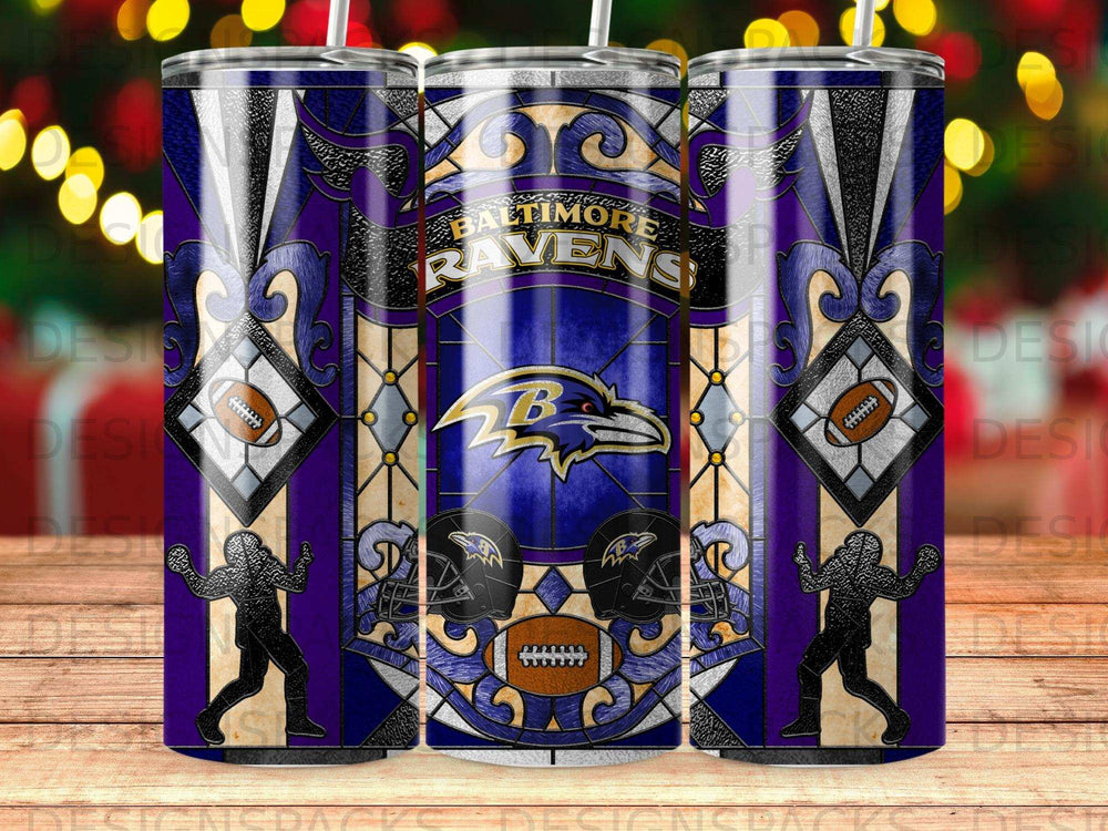 Baltimore Ravens stained glass design on three tumblers with football imagery.