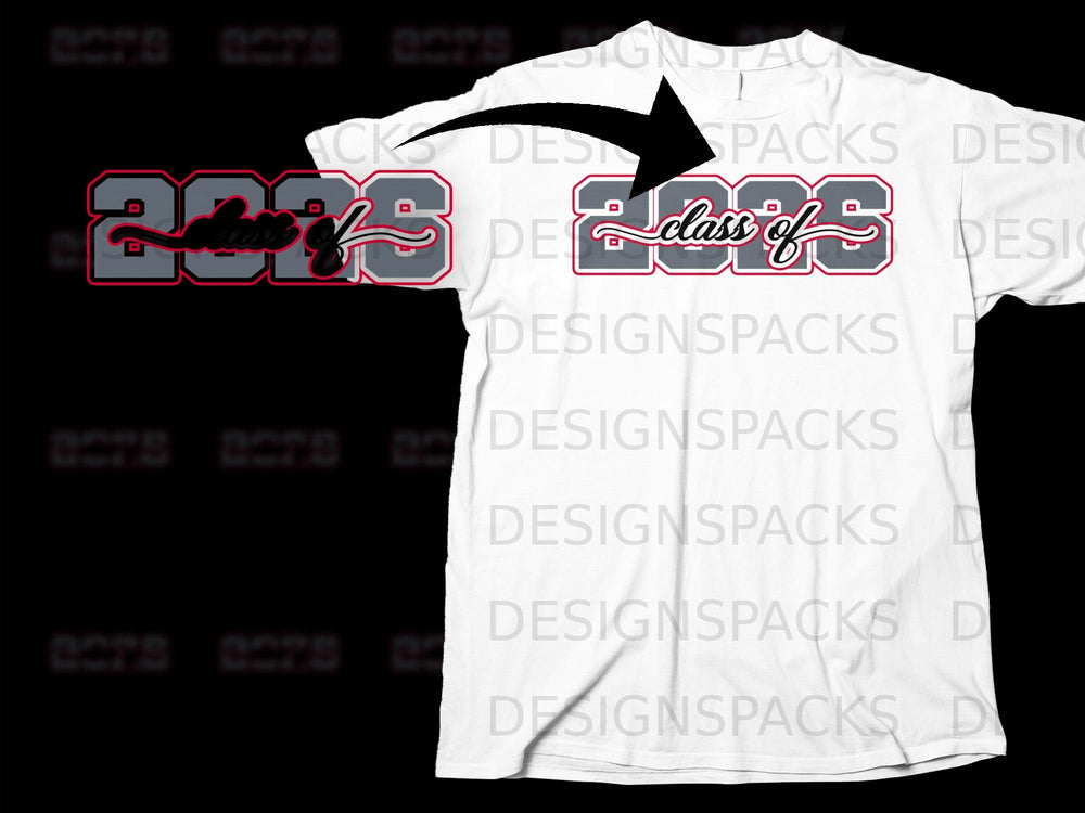 "Class of 2025" graphic in gray and red on a white t-shirt.