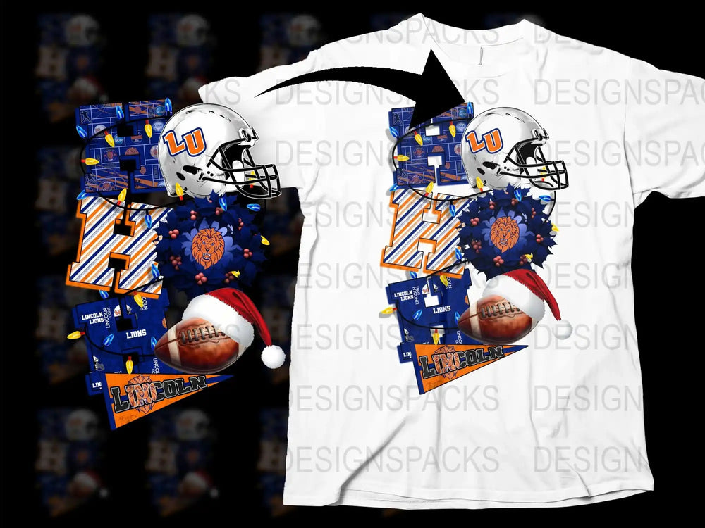 Lincoln University Football Themed T-Shirt, Santa Hat Helmet Design, Collegiate Apparel, Sports Fan Gift