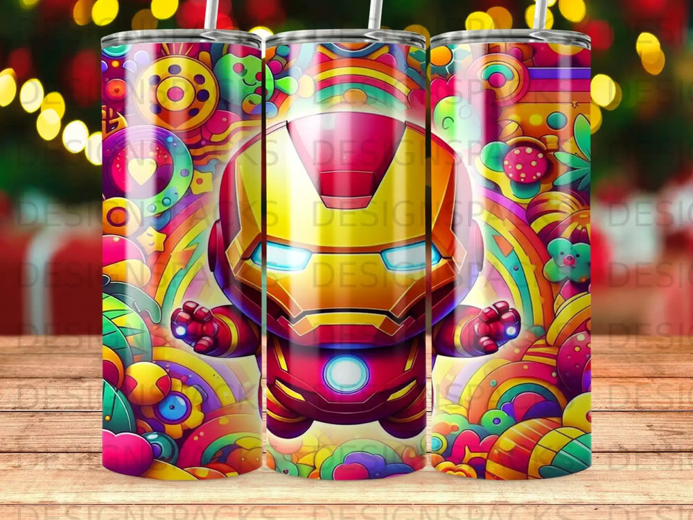 Iron Man character with colorful, psychedelic background and abstract shapes.