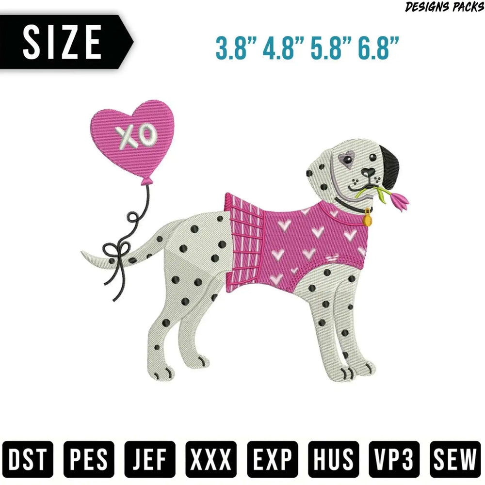 Dalmatian dog wearing a pink sweater and holding a flower, with a pink balloon.