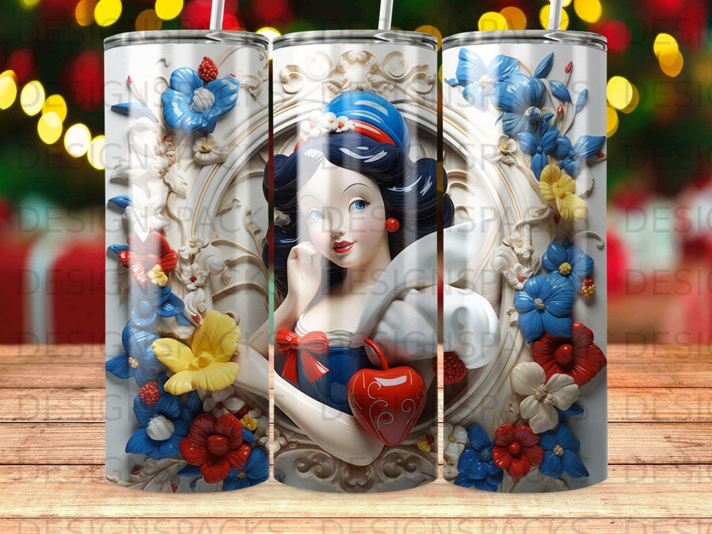 Snow White with red apple in ornate frame surrounded by blue and red flowers.
