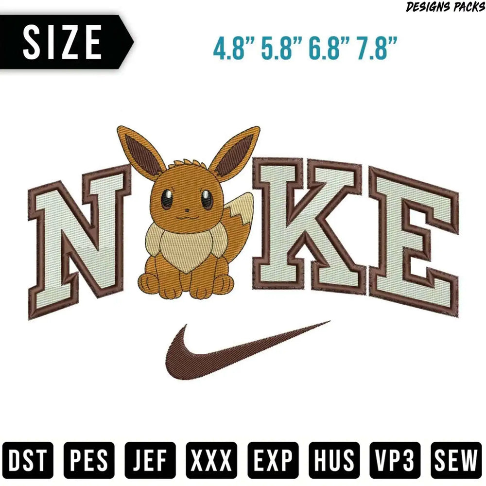 Embroidery design of Eevee in front of the Nike logo, sizes listed above.