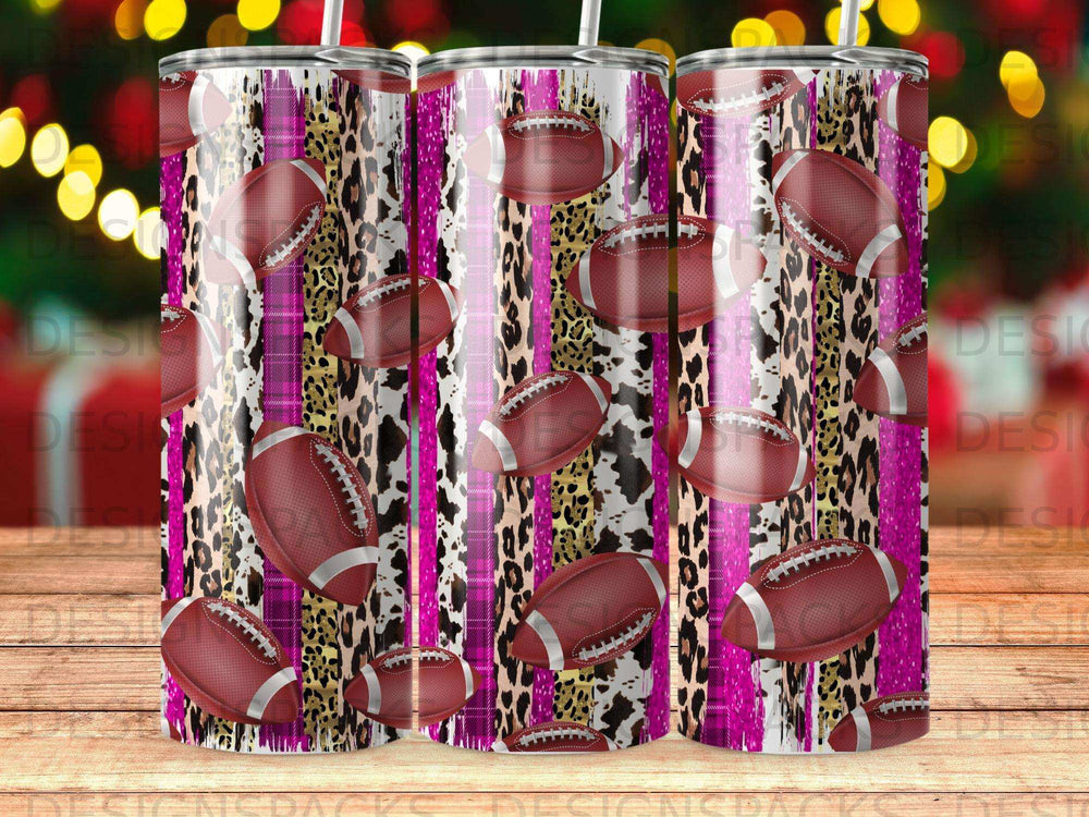 Tumbler with footballs, leopard print, and pink stripes.
