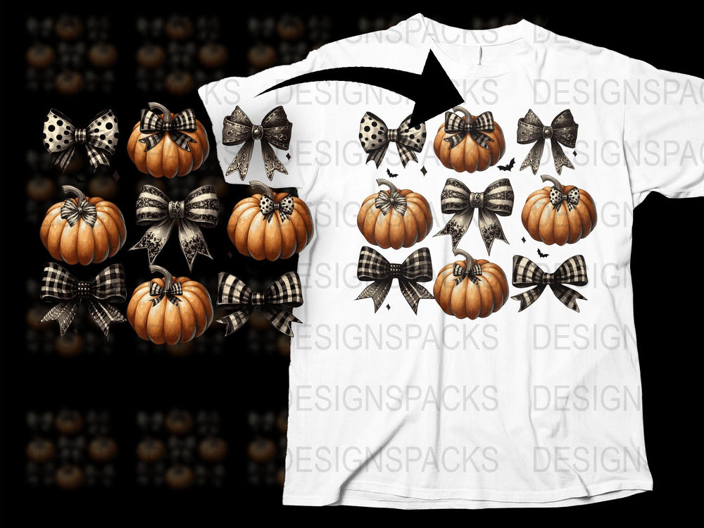 Halloween Pumpkin Bows T-Shirt, Autumn Orange Pumpkins, Black White Bow Tie, Festive Fall Shirt Design