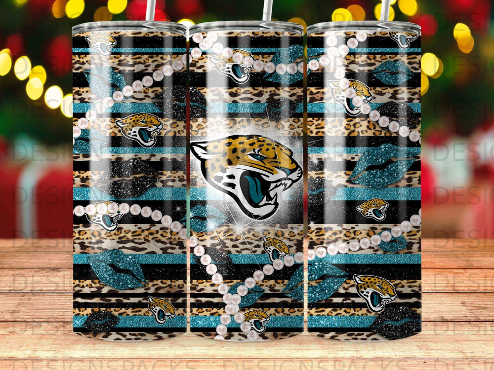 Jaguar logo with leopard print, glitter, and pearls on striped background.