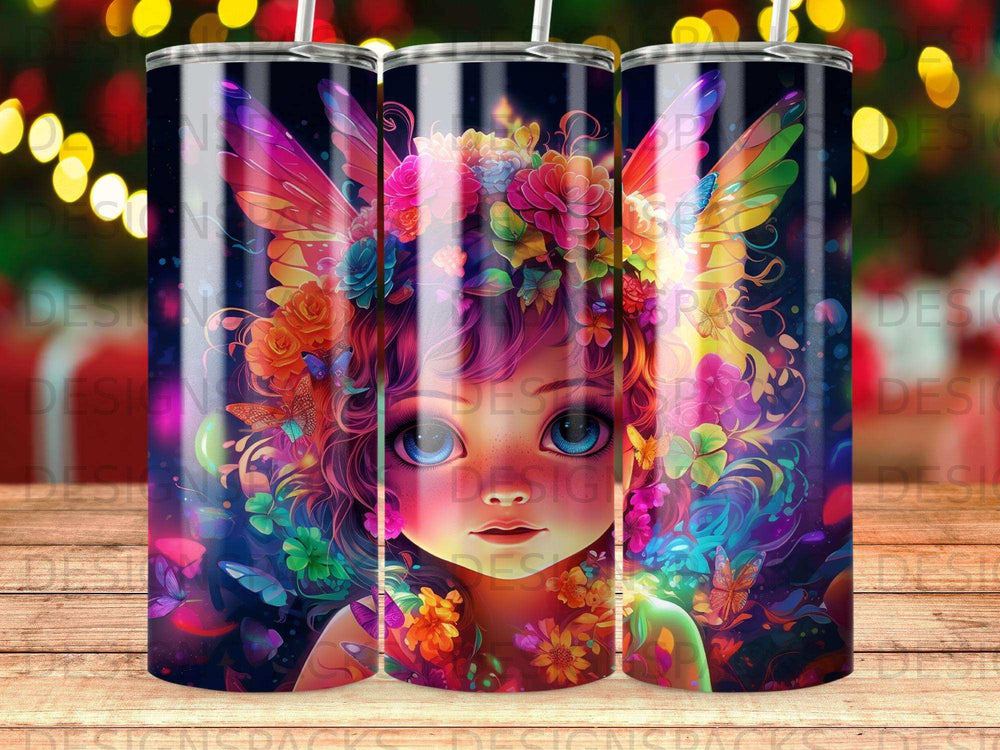 Fairy girl with colorful floral headdress and butterfly wings.