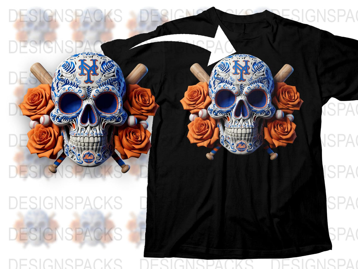 New York Mets Sugar Skull T-Shirt, Floral Baseball Fan Apparel, Sports Team Graphic Tee, Unisex Clothing Gift
