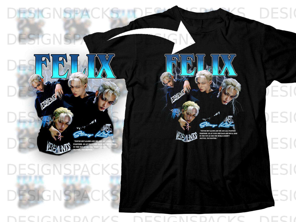 Felix from Stray Kids on a t-shirt with a quote about fighting together.