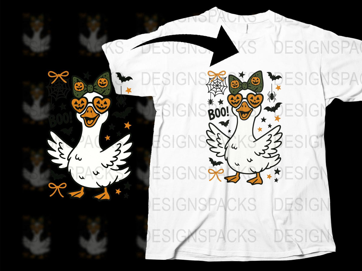 Halloween Ghost Duck T-Shirt, Cute Spooky Cartoon Animal Tee, Orange Ribbon Bow, White Cotton Shirt for All Ages