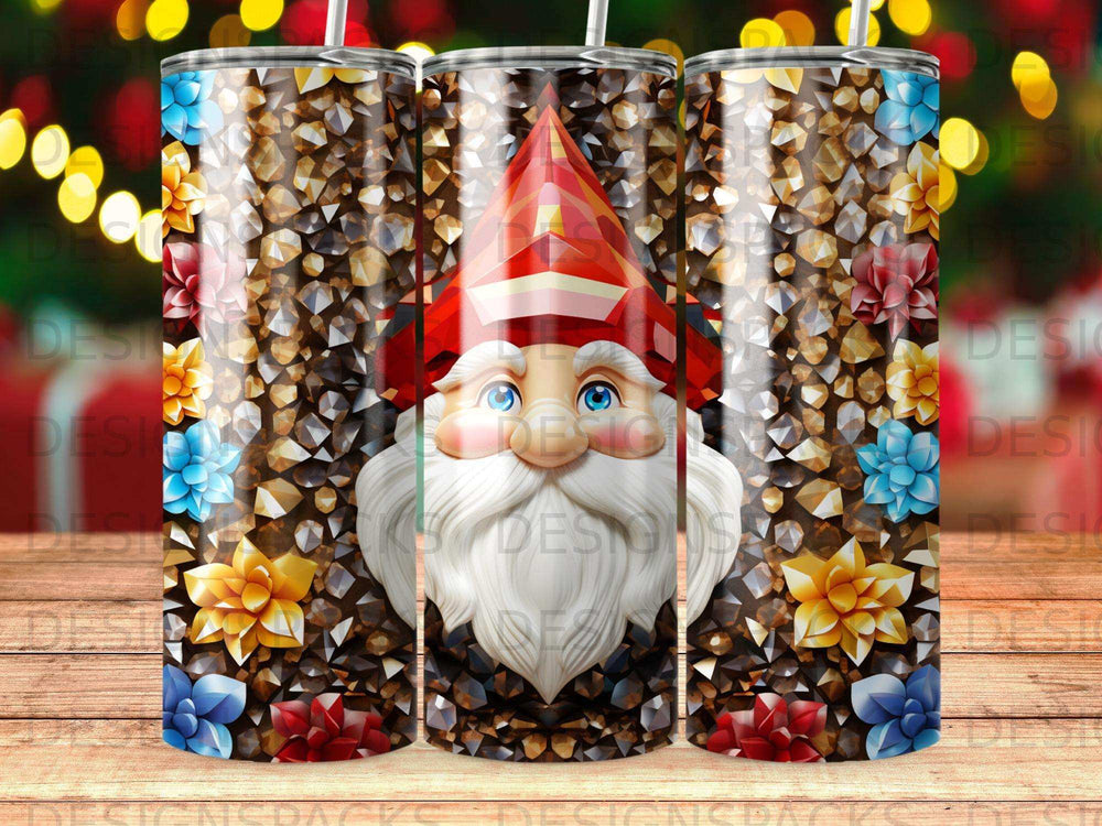 Gnome with red hat and beard on a patterned background with flowers and gems.