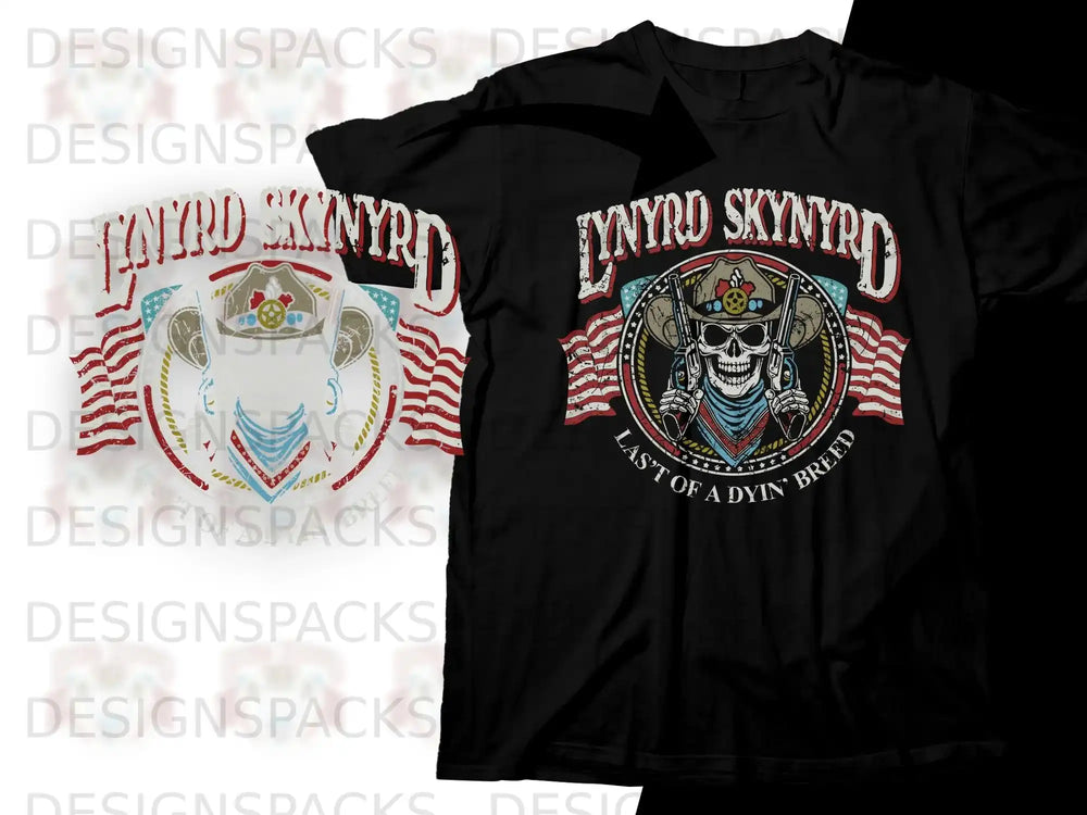 Black t-shirt with Lynyrd Skynyrd skull, cowboy hat, and American flags design.
