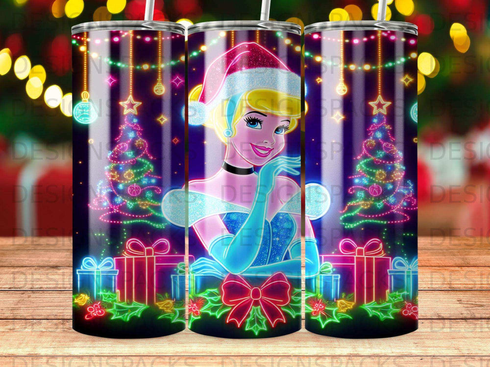 Cinderella in Santa hat with Christmas trees and gifts.